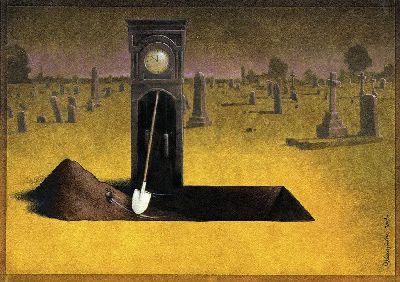 surrealism-painting-grandfather-clock-grave-digger-irony-humor-art